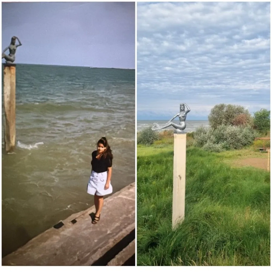 Слева берег в районе Каспийска в 1999-2000 годы, справа — это же место в 2025 году // Фото: личный архив жителей Каспийска/фото автора